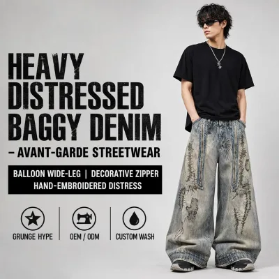 Custom Luxury Heavyweight Baggy Jeans Distressed Balloon Wide Leg Zip Detail Embroidered Grunge Men Vintage Streetwear