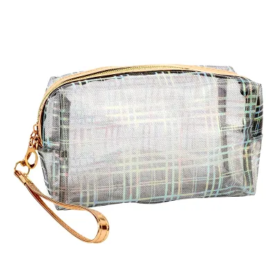 Wholesale Cute Reusable Colorful Nylon Mesh Makeup Bag Pouch With Zipper Fashion Checkered Small Mesh Cosmetic Bag for Promotion