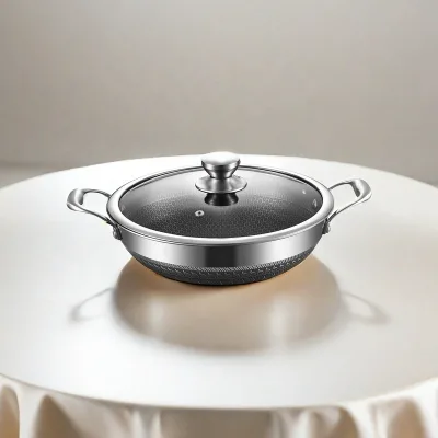 Low Priced Stainless Steel 304 Wok Pan Waterborne Coating Composite Bottom for Induction and Gas Stove With Glass Lid