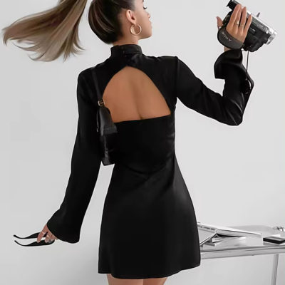 European and American Neo Chinese Style Cool Party Dress  Stand Collar Flare Long Sleeve Black Backless Party Dress