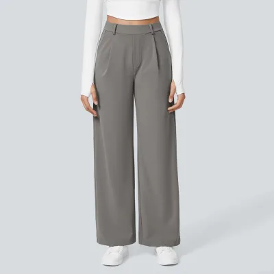 Women's Casual Business Work Pants High Waist Adjustable Knot Wide Leg Flat Front Cargo Style Elastic Mid Waist Loose Pockets