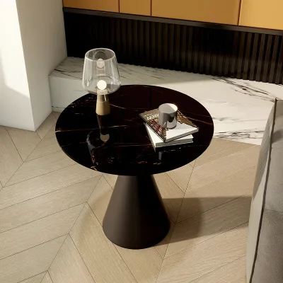 Round Side Table with Conical Metal Base Marble Top for Living Room Corner Nightstand Cream Accent Multi-purpose Bedroom