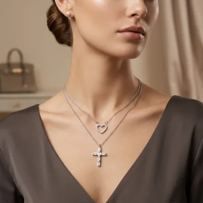 Cubic Zircon Cross Heart Pendant Necklace 925 Sterling Silver Jewelry Set Fashion Layered Necklaces