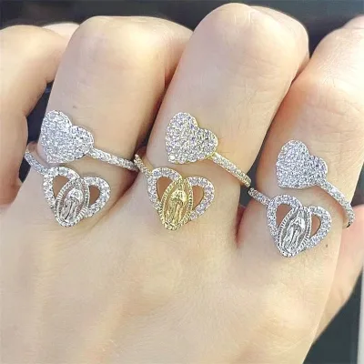 CH-LAR0195 Cubic Zircon Plating Gold Plated Ring,heart Shape CZ Micro Paved Religion Adjustable Rings,CZ Rings Wholesale