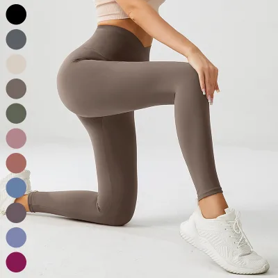 Women v Cut Shape Cross Waist Naked Felling Leggings Sports Gym Tummy Control Booty Workout Running Pants