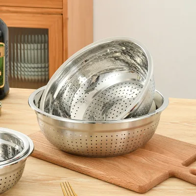 Multi-Use Thickened Stainless Steel Kitchenware Non-Magnetic Vegetable Fruit Washing Basket Dense Hole Colander Home Kitchen