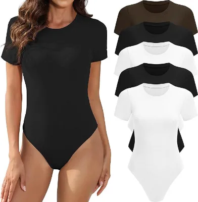 Spring and Summer Women's Cotton Breathable Sexy Solid Short Sleeved Round Neck Casual Elastic Regular Fit Bodysuit