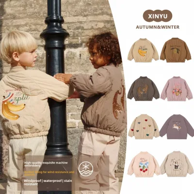 New Autumn Kids' Cartoon Three-Proof Quilted Flight Jacket Thickened Cotton Outerwear with Zip-Up Closure for Boys Toddlers