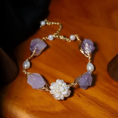 Natural Freshwater Pearl Ball Amethyst Women's Hand-woven Niche Design High-end Certified Bracelet Necklace Combination
