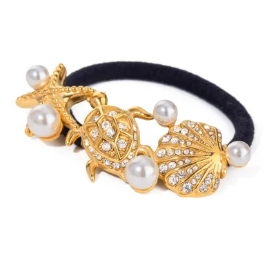 Fashion 18K Gold Plated Stainless Steel Crystal Pearl Starfish Turtle Shell Hair Tie for Elegant Hairstyles Set