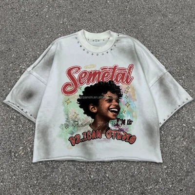 New Distressed Heavyweight French Terry Oversized Solid Custom Rhinestone Acid Wash Boxy T-shirts 280 Grams