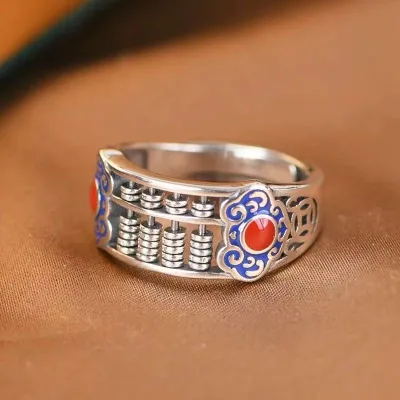 Environmentally Friendly Copper Retro Abacus Ring, Blue Color High-end Hollow Design, Open Mouth Ring, Jewelry Wholesale