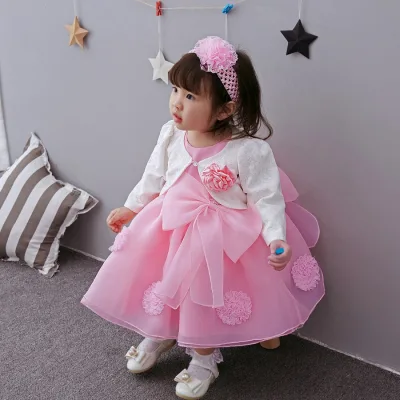 Pretty Elegant Princess Clothing Fashion Layer Flower Girl Dress With Hairbands and Coat for Kid