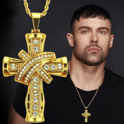 Men Religious Jesus Necklace Cross Pendant Kreuz Halskette Rhinestone Hip-Hop Necklace Cubic Zirconia Cross Necklace for Men