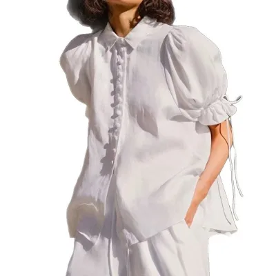 Ladies Simple Vintage Woven 100% Linen Balloon Sleeve Shirt Collar Peplum Blouse ODM Casual Spring/Summer Resort Wear