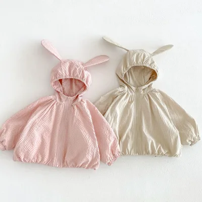 Spring Autumn Children Girl Woven Zipper Long Sleeve Bunny Ear Hooded Baby Jacket