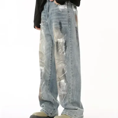 High Quality Cotton Vintage Washed Denim Jeans Hand-Painted Baggy Jeans with Distressed Wash Streetwear Style for Autumn/Winter