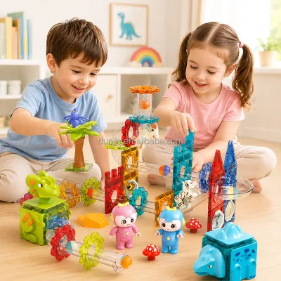 Animal Dino World Zoo Magnetic Ball Run Tiles with Marble Run Tracks STEM Learning Toys for Kids Gift