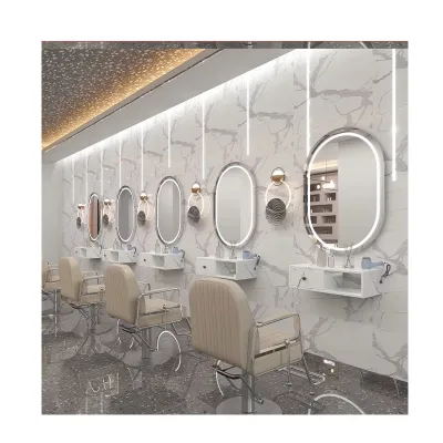 2024 Modern Illuminated Golden Hairdresser Salon Mirror Graphic Design Wall-Mounted Rectangle One-Click Defogging Bluetooth