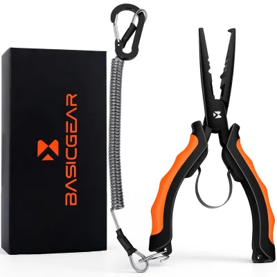 BasicGear Heavy-Duty 7-inch Fishing Pliers with S45C Carbon Steel Head Coating and External Spring