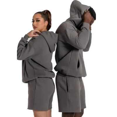 Wholesale Factory Custom Couple Hooded Tracksuit Oversized Fleece Hoodie and Short Set With Custom Logo