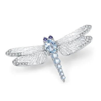 Elegant Luxury Party Jewelry Nano Sapphire Blue Sky Blue Topaz 925 Silver Animal Dragonfly Brooches Pin for Women