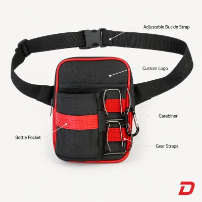 Custom Black Red Tactical Waist Bag with Bottle Carrier Metal Brackets Carabiner Multi Pocket Belt Pouch OEM ODM