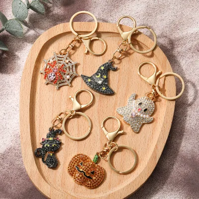 Rhinestone Halloween Keychain Witch Spider Ghost Pumpkin Pendant Vintage Bag Charm Cute Keyring