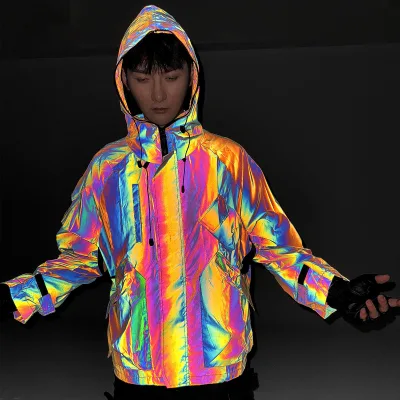 Men's Hooded Reflective Windbreaker Jacket Gradient Color PU Coated Streetwear Zipper Closure Lightweight Autumn Wear