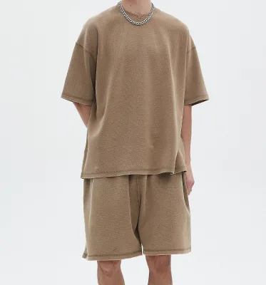 Custom 400G Heavyweight Short Set Sweat 2 Piece Set Casual Washed T Shirt and Shorts Sets Washed Oversize 100% Cotton Men Tshirt