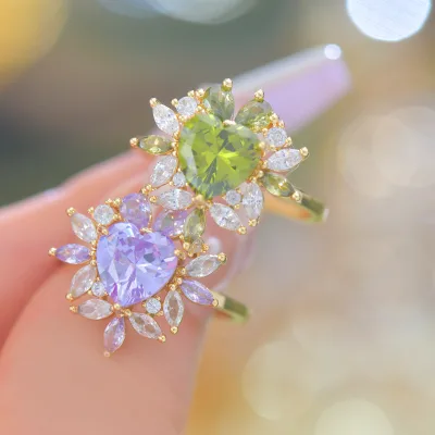 French-Style for Original Design Heart-Shape Open Ring with Purple Zircon Luxury Olive Green for Versatile Daily Wear As a Gift