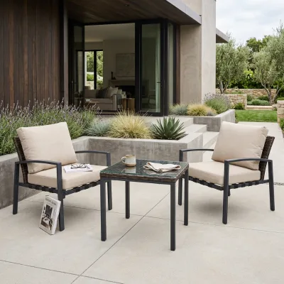 PE Rattan Patio Bistro Set, 2 Seater Outdoor Chat Set with Cushion, Aluminium Garden Balcony Furniture Wholesale
