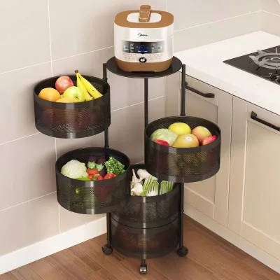Kitchen Shelf Round Layered Standing Shelf White Black Kitchen Storage Rotating Food Vegetable Rack Floor Standing Rack