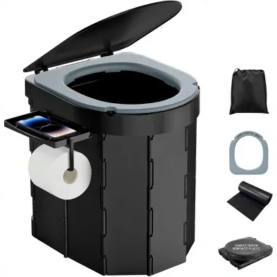 Portable Folding Camping Toilet Adult Travel Potty with Lid Plastic Seat Easy to Clean Toilet Paper Holder Phone Shelf Carry Bag