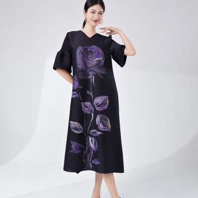 Plus Size Dress Latest Women's Clothing v Neck Rose Flower Print Elegant Loose Casual Midi Dress in Stock or Printed on Demand