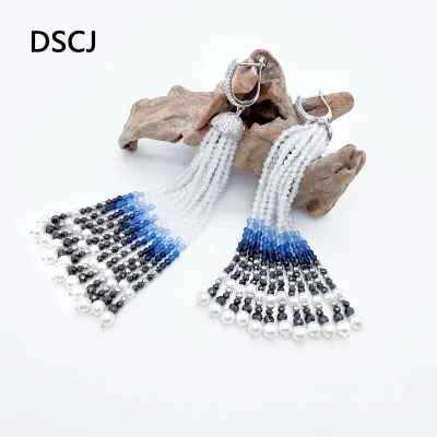Elegant Luxury 925 Silver Fine Dangle Earrings for Women Gradual Zircon Tassels Shiny Cut Shiny Beads Glass Pearl Jewelry