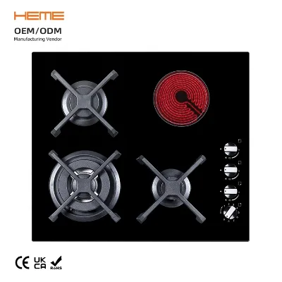 Black 4-Burner Hybrid Combination Glass Panel Cooktop China-Made Built-In Household Cooking Surface LP Gas Electric Power Source