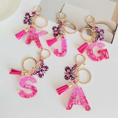 Wholesale Fashion Alphabet Initial Letter Keychain Tassel Butterfly Pendant Key Ring for Purse Handbags Women Girl