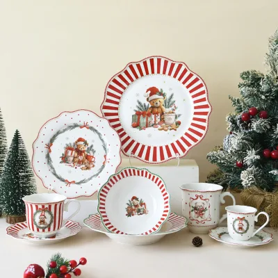 Christmas Teddy Bear Dinnerware Set Stocked 100 Pcs Ceramic Scalloped Red White Stripe Plate Bowl Mug Cup Saucer Santa Hat