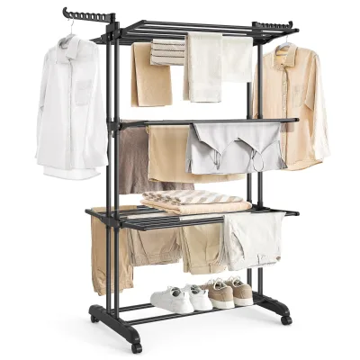 3 Large Float Standing Clothesline Collapsible Adjustable Retractable Detachable Clothes Rack with Rods and Compact Hooks Metal