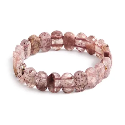 Women Bohemian Retro Jewelry Natural Bamboo Black Tourmaline Oval Strawberry Quartz Handcrafted Elastic Bracelet.