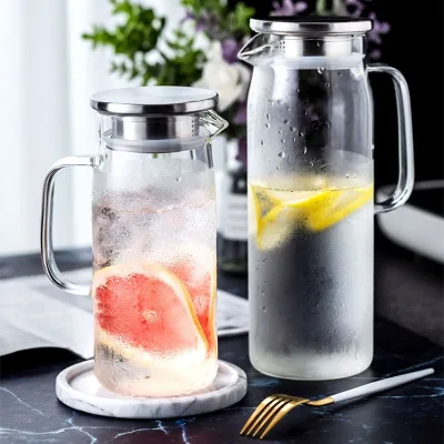Hand Made 1000ml 1500ml Clear High Borosilicate Glass Water Jug With Stainless Steel Lid