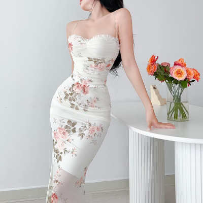 RNSHANGER Elegant Flower Print Suspender Dress Women Fashion Off Shoulder Backless Midi Dresses Chic Female Party Club Dress