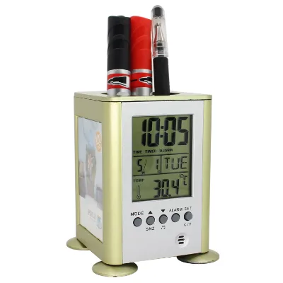 Office Digital Alarm Clock with Talking Brush Pot Design Calendar Function Back to School-Large LCD Display
