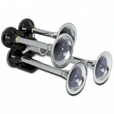 CHROME ZINC IMPACT 12V 115DB 4 FOUR TRUMPET DEEP LOUD TRAIN SOUND AIR HORN KIT