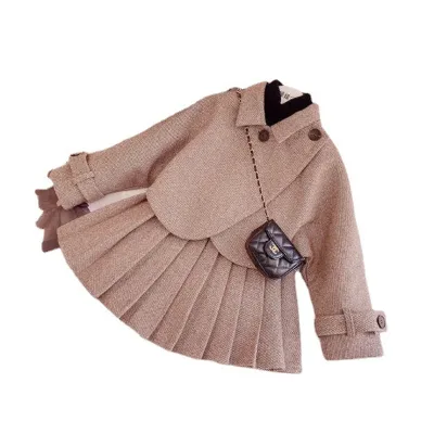 Girls' Woolen Suit Jacket Pleated Short Skirt Two-piece Set with Thick Cotton and Trendy Style for Little Girls