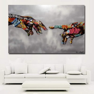 Hongya Classic Street Art Banksy Graffiti Paintings Canvas Wall Art Adam Hand of God Pop Art Prints Posters