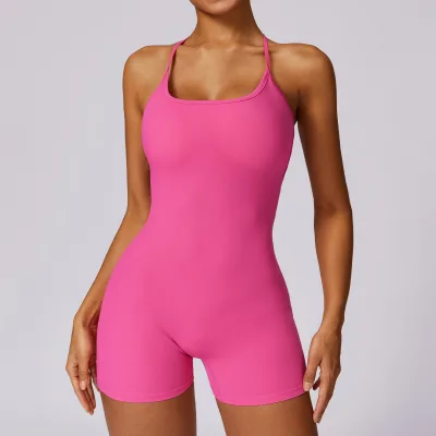 Custom Logo Women Solid Color Hiking Yoga Bodysuits Bodysuit Cross Waist Hip Anti-wrinkle Yoga Jumpsuit