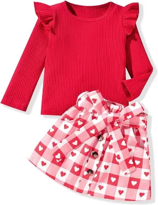 Autumn Winter Casual Clothing Set for Girls Christmas Red 2-Piece Outfit With Long Sleeve Ruffle Shirt and Plaid Skirt
