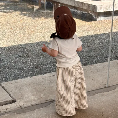 Girls  Summer New Arrival Washed Cotton-Blend Striped Wide-Leg Anti-Mosquito Casual Trousers for Babies